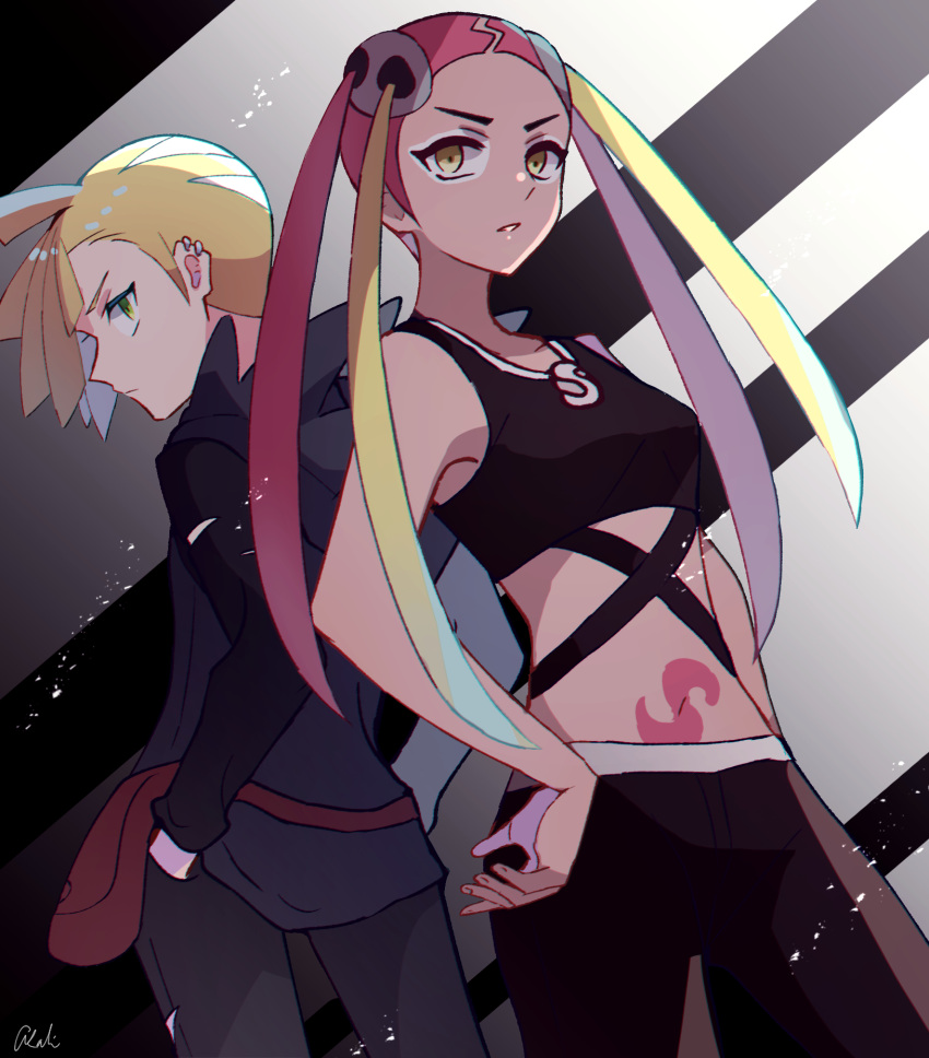 1boy black_pants blonde_hair crop_top ear_piercing eyeshadow female gladion_(pokemon) green_eyes hair_ornament hair_over_one_eye highres hood hoodie long_hair makeup midriff multicolored_hair pants parted_lips piercing pink_hair plumeria_(pokemon) pokemon pokemon_sm quad_tails short_hair skull_hair_ornament stomach_tattoo tank_top tattoo team_skull tere_asahi two-tone_hair yellow_eyes