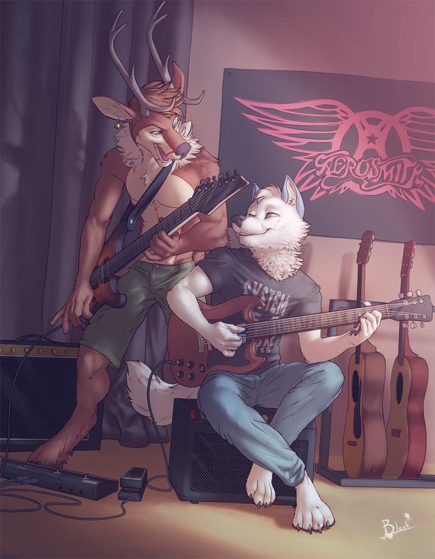 acoustic_guitar aerosmith amplifier anthro antlers bell blue_eyes bottomwear canid canine canis claws clothed clothing deer duo ear_piercing electric_guitar gibson_sg guitar guitar_pedal guitar_pick guitar_strap hi_res hooves horn humbucker inner_ear_fluff jackson_guitars lion21 lydus_(fingarfin) male mammal musical_instrument neck_tuft new_world_deer piercing plucked_string_instrument reindeer shirt shorts sitting skoll_(wolf-skoll) soloist_(jackson_guitars) standing string_instrument system_of_a_down t-shirt toe_claws topless topwear tuft wah-wah_pedal wolf yellow_eyes