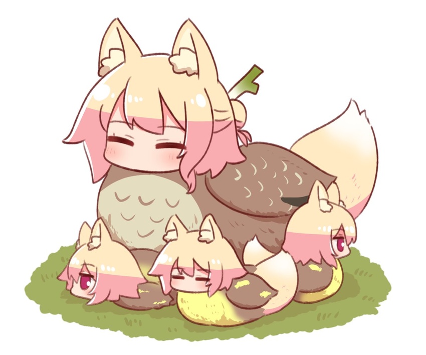 4girls animal animal_ear_fluff animal_ears animalization bird blonde_hair blush closed_eyes commentary_request duck fox_ears fox_girl fox_tail hair_between_eyes hair_bun kemomimi-chan_(naga_u) mother_and_daughter multiple_girls naga_u on_grass original purple_eyes simple_background single_hair_bun spring_onion tail white_background