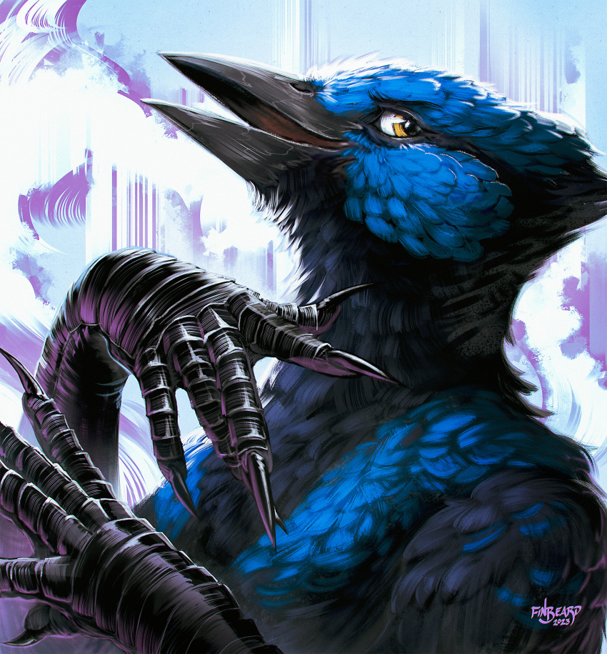 2023 5_fingers absurd_res anthro avian beak biped bird black_beak blue_body blue_feathers claws colored feathers finbeard fingers hi_res male nose_beak open_mouth scuted_arms scutes signature smile solo yellow_eyes