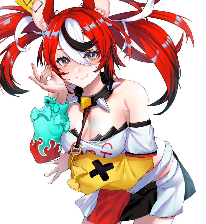 absurdres animal_ears black_hair blue_eyes breasts cheese cleavage collar dice_hair_ornament female food hair_ornament hakos_baelz highres hololive hololive_english lessone looking_at_viewer medium_breasts mouse_ears mouse_girl mouse_tail mousetrap multicolored_hair red_hair smile solo spiked_collar spikes streaked_hair tail twintails virtual_youtuber white_hair