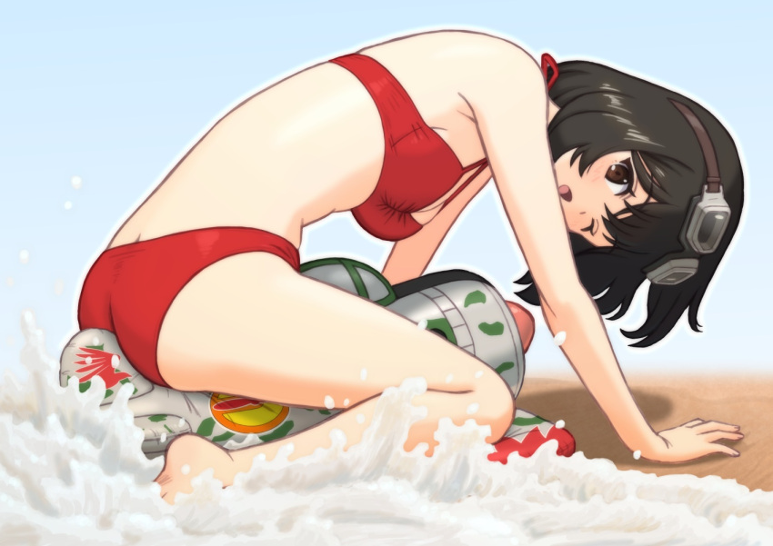 aircraft airplane all_fours azumasix barefoot bikini black_hair breasts brown_eyes cleavage female goggles goggles_on_head inflatable_toy kirie_(kouya_no_kotobuki_hikoutai) kouya_no_kotobuki_hikoutai medium_breasts one_eye_closed red_bikini short_hair solo swimsuit waves