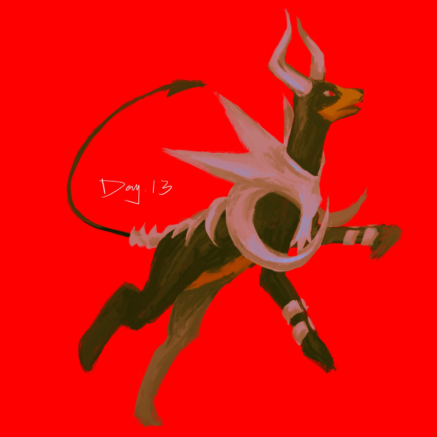 animal_focus bone commentary english_commentary english_text full_body highres houndoom mega_houndoom mega_pokemon no_humans open_mouth pokemon pokemon_(creature) red_background red_eyes simple_background solo yug_(yu_g)