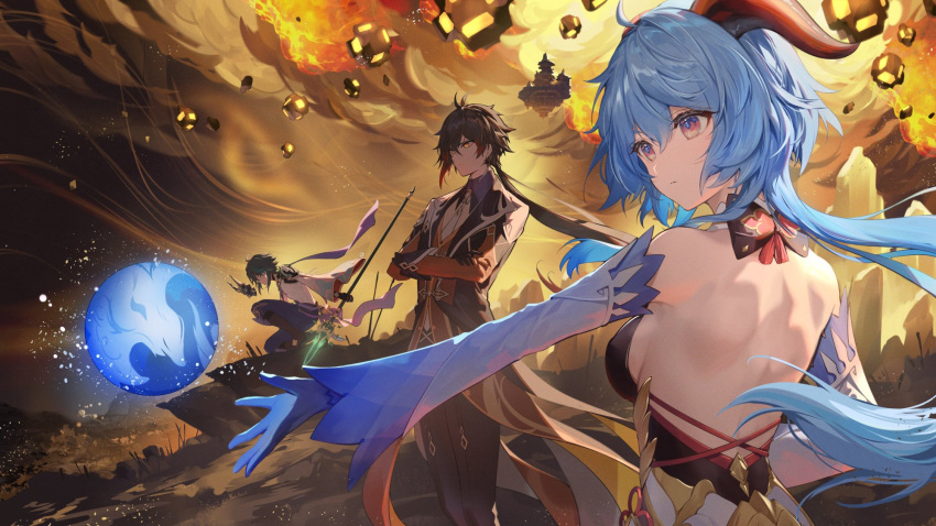 2boys ahoge back backless_outfit bare_shoulders black_hair blue_hair breasts coat crossed_arms detached_sleeves female ganyu_(genshin_impact) genshin_impact gloves goat_horns highres horns jade_chamber_(genshin_impact) long_hair long_sleeves low_ponytail medium_breasts meteor meteor_shower multiple_boys necomi orb outstretched_arm pants polearm primordial_jade_winged-spear_(genshin_impact) red_eyes standing weapon xiao_(genshin_impact) zhongli_(genshin_impact)