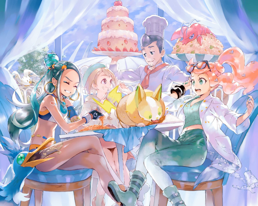 1boy 3girls armlet belly_chain bike_shorts blue_eyeshadow boots bracelet brown_hair brown_panties cardigan chair chef_hat clauncher closed_eyes commentary_request cook_(pokemon) cramorant crop_top curry dark-skinned_female dark_skin dynamax_band earrings eyelashes eyeshadow eyewear_on_head food food_on_face glass gloria_(pokemon) gloves green_eyes green_footwear green_headwear green_nails green_shirt grey_cardigan grin hair_bun hair_ornament hat heart heart_hair_ornament highres holding hooded_cardigan hoop_earrings jewelry long_hair makeup multiple_girls nail_polish necklace nessa_(pokemon) orange_hair orange_mikan panties pants pantyshot pokemon pokemon_(creature) pokemon_swsh ribbed_shirt rice shirt single_hair_bun sitting smile sonia_(pokemon) spilling sunglasses table tablecloth tail tail_wagging tam_o'_shanter toque_blanche underwear water wingull yamper