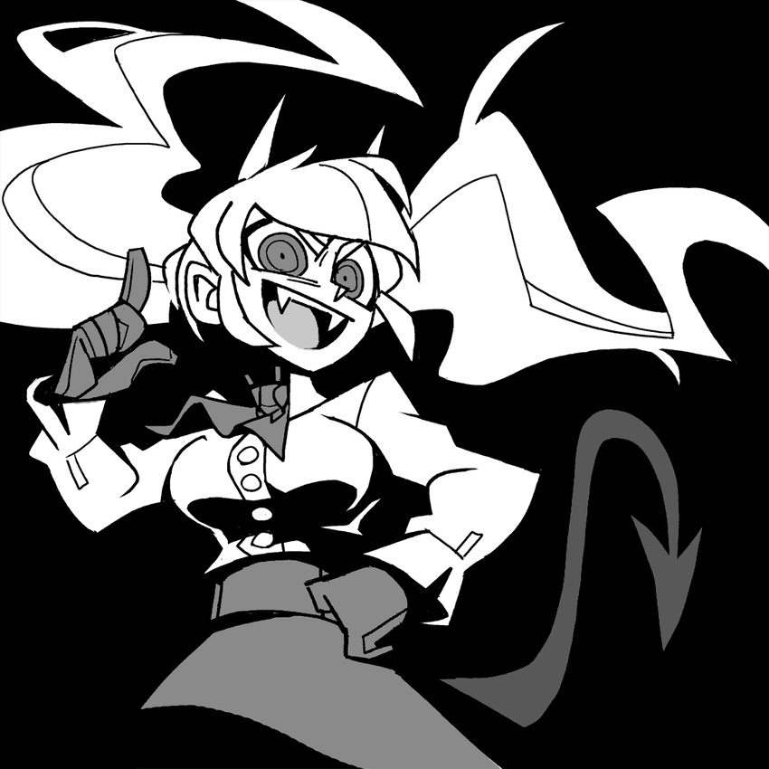 ascot black_background bow breasts cape commentary demon_girl demon_horns demon_tail dress_shirt fangs female floating_hair gloves greyscale hairbow helltaker horns long_hair looking_at_viewer monochrome open_mouth shirt simple_background skirt smile solo tail teeth the_second_circle twintails vanripper