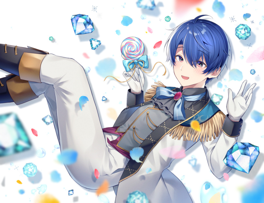 1boy :d black_footwear black_shirt blue_bow blue_gemstone blue_hair blurry blurry_foreground blush boots bow candy commentary_request depth_of_field feet_out_of_frame food gem gloves grey_eyes grey_vest gyozanuko hair_between_eyes hands_up harusaki_air harusaki_air_(1st_costume) holding holding_candy holding_food holding_lollipop jacket lollipop long_sleeves male_focus nijisanji open_clothes open_jacket pants petals shirt smile solo swirl_lollipop vest virtual_youtuber white_background white_gloves white_jacket white_pants