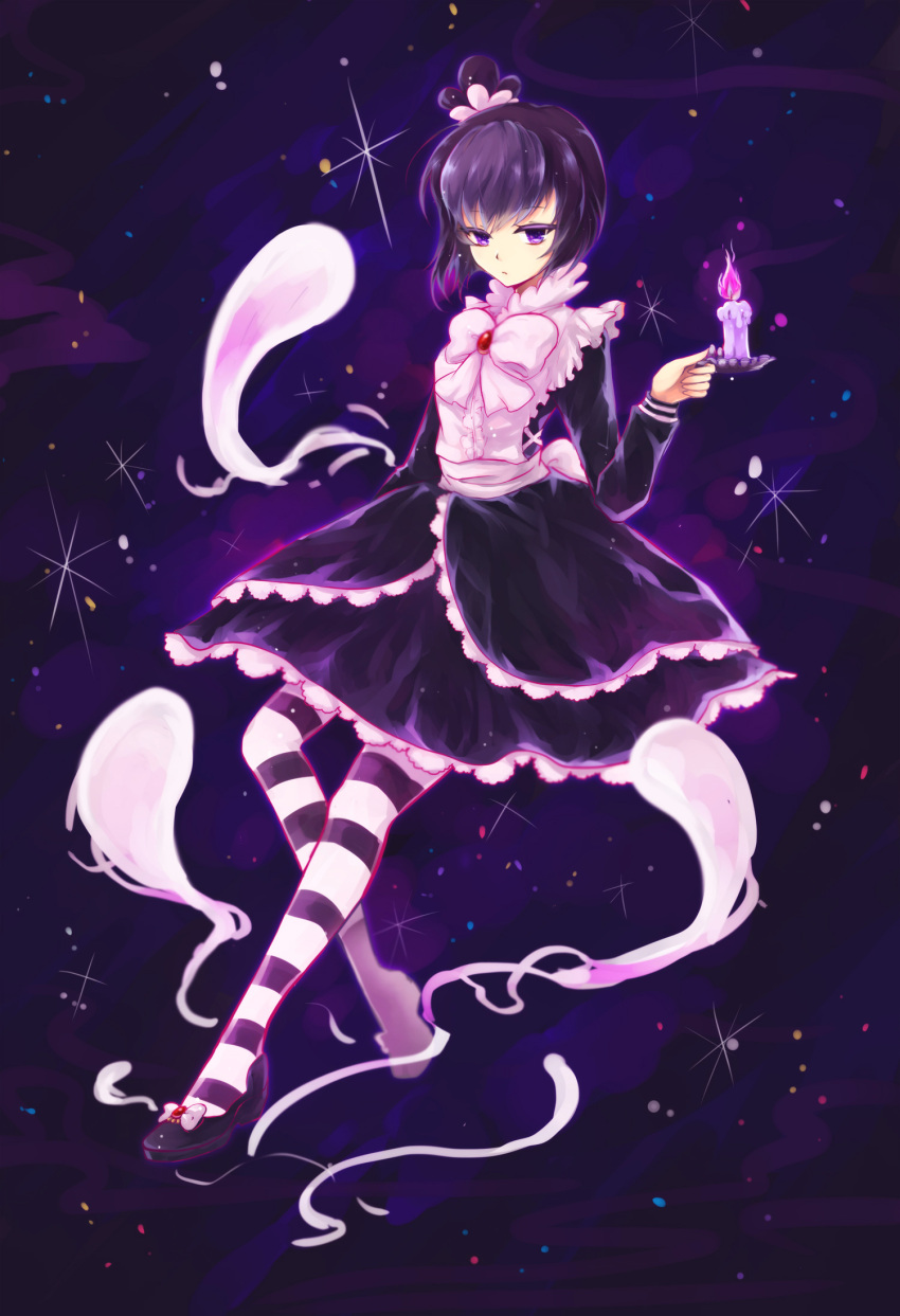 anosen black_dress blackberry_cookie bow brooch candle cookie_run dress female frills full_body highres humanization jewelry juliet_sleeves lolita_fashion long_hair long_sleeves looking_at_viewer mary_janes petticoat photoshop_(medium) puffy_sleeves purple_eyes purple_hair shoes solo striped_clothes striped_thighhighs thighhighs window