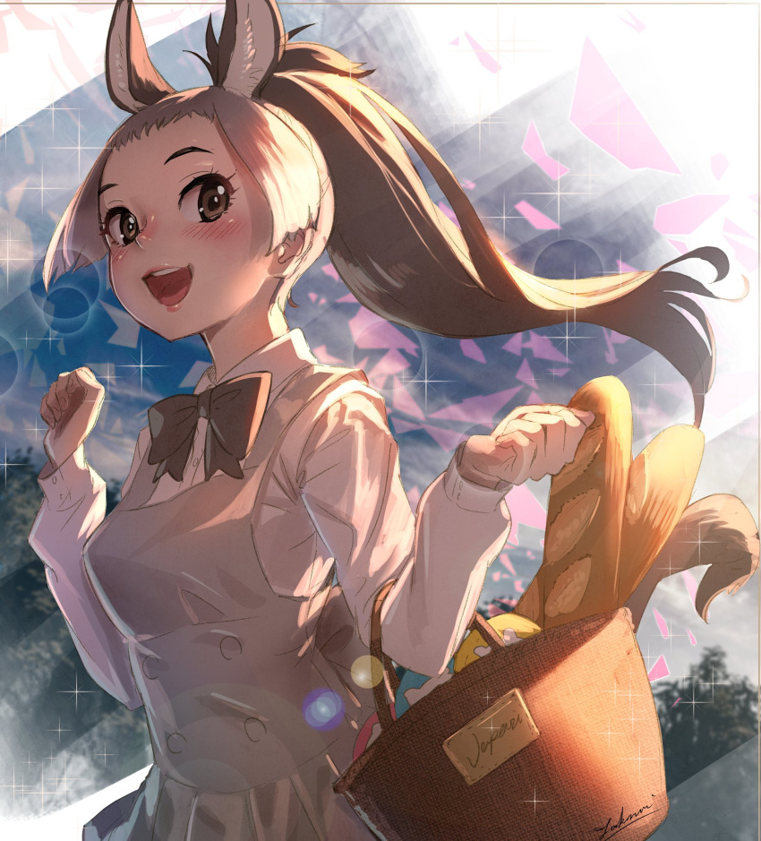 animal_ears basket black_hair blush bow bowtie bread brown_hair collared_shirt donkey_(kemono_friends) donkey_ears donkey_girl dress dress_shirt extra_ears female floating_hair food grey_hair hands_up high_ponytail highres japari_bun kemono_friends kemono_friends_2 lips long_hair long_sleeves looking_at_viewer multicolored_hair open_mouth shirt smile solo sunlight takami_masahiro upper_body wing_collar