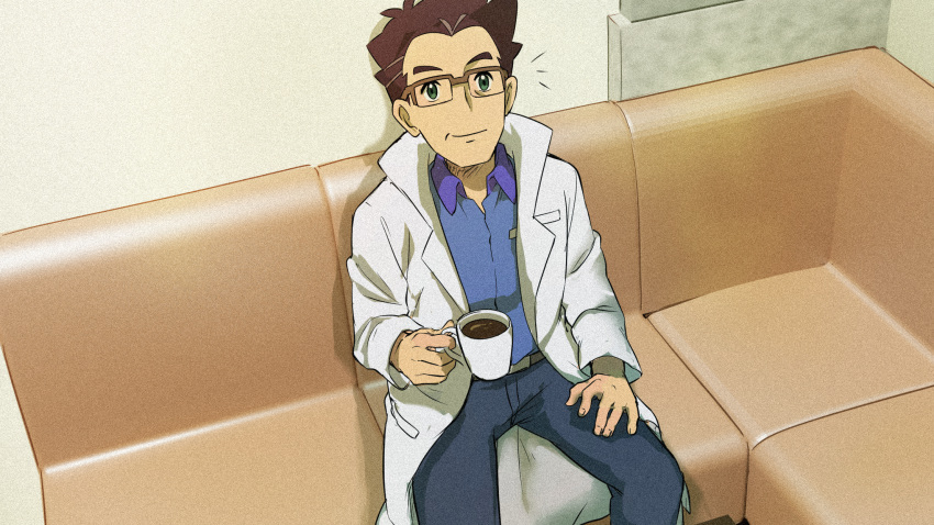 1boy belt belt_buckle blue_shirt brown-framed_eyewear brown_hair buckle cerise_(pokemon) closed_mouth coffee collared_shirt commentary_request couch cup glasses green_eyes grey_belt grey_pants hand_on_own_thigh highres holding holding_cup indoors lab_coat long_sleeves looking_up male_focus matsuno_opa mug notice_lines pants pokemon pokemon_(anime) pokemon_journeys semi-rimless_eyewear shirt short_hair sitting smile solo