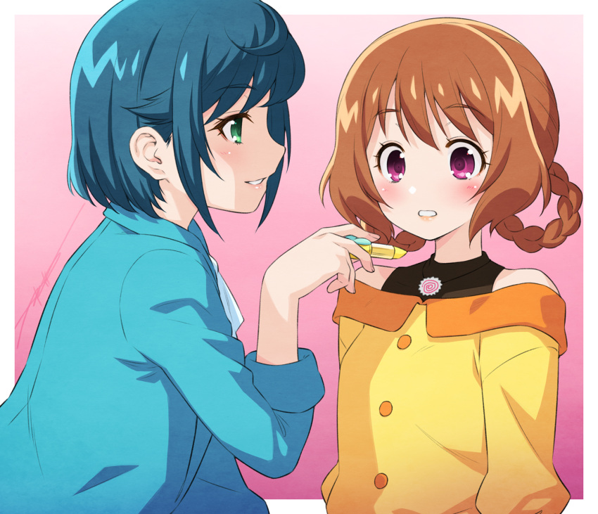 2girls aqua_hair blush braid braided_hair_rings brown_hair casual cosmetics delicious_party_precure food from_side fuwa_kokone gradient_background green_eyes hair_rings hanamichi_ran highres holding holding_lipstick_tube kamaboko kazuma_muramasa lips lipstick_tube multiple_girls narutomaki off_shoulder parted_lips pink_background precure profile purple_eyes shirt signature sleeveless sleeveless_shirt smile