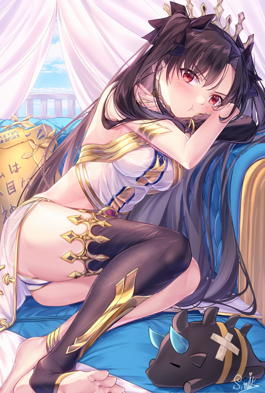 armlet ass black_hair black_thighhighs bracelet breasts closed_eyes crossed_bandaids curtains detached_sleeves dress earrings fate/grand_order fate_(series) feet female gold_trim gugalanna hair_ribbon highres hoop_earrings horns ishtar_(fate) jewelry long_hair looking_at_viewer medium_breasts nattsu_(nattu888_8) neck_ring parted_bangs piglet pout puffy_cheeks red_eyes ribbon single_detached_sleeve single_thighhigh sitting sleeping soles solo stone_tablet thighhighs thighlet thighs tiara two_side_up white_dress