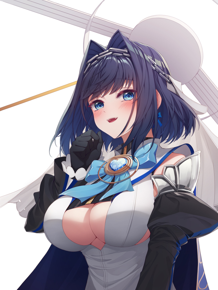 absurdres bad_id bad_pixiv_id black_gloves blue_bow blue_eyes blue_hair blush bow bow_earrings breasts brooch cape chain_headband chains cleavage cleavage_cutout clothing_cutout commentary detached_sleeves earrings english_commentary female gloves hair_intakes halo hand_up headband highres hololive hololive_english jewelry large_breasts mechanical_halo open_mouth ouro_kronii ouro_kronii_(1st_costume) shirt short_hair simple_background solo tang-du upper_body veil virtual_youtuber white_background white_shirt