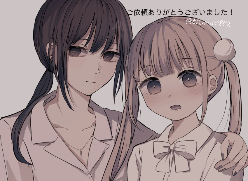 2girls bow brown_eyes brown_hair closed_mouth collarbone collared_shirt commentary_request dress_shirt grey_background grey_nails hair_between_eyes hand_on_another's_shoulder highres kazakami_saaya long_hair low_ponytail multiple_girls nail_polish open_mouth ponytail sakura_no_sekai shirt simple_background smile translated tsuruse twitter_username utsumi_sakura white_bow white_shirt