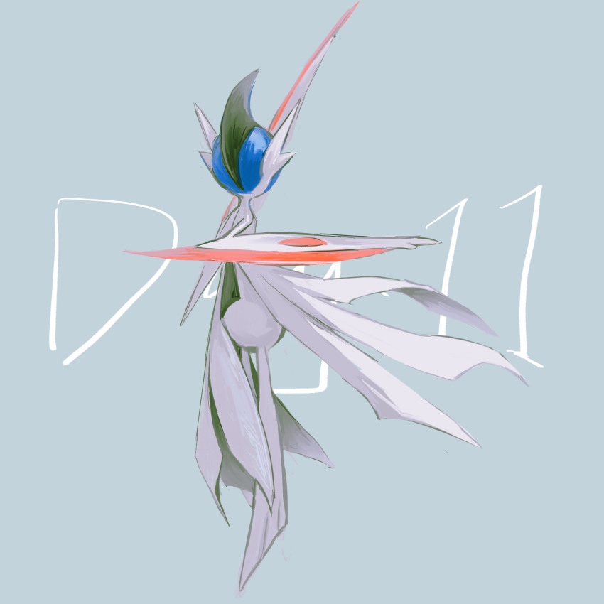 1boy alternate_color arm_blade arm_up blue_background blue_hair colored_skin commentary english_commentary english_text from_behind full_body gallade green_hair hand_up highres male_focus mega_gallade mega_pokemon mohawk multicolored_hair pokemon pokemon_(creature) shiny_pokemon short_hair simple_background solo standing two-tone_hair weapon white_skin yug_(yu_g)