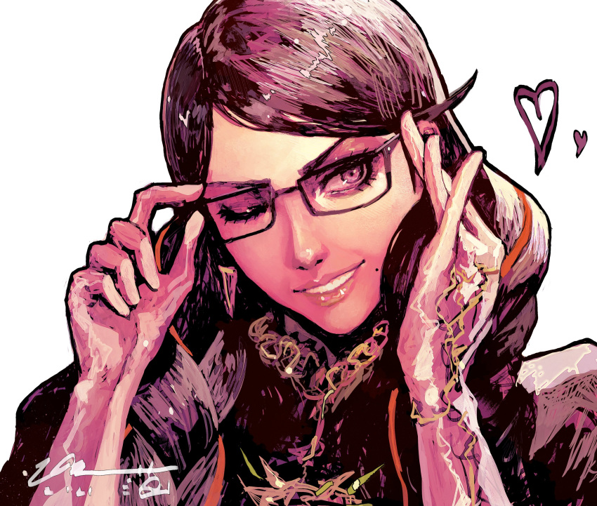 absurdres bayonetta bayonetta_(series) bayonetta_3 black_hair braid earrings eyeshadow female glasses gloves highres jewelry lipstick long_hair looking_at_viewer makeup mole mole_under_mouth multicolored_hair red_hair simple_background smile solo streaked_hair subakeye twin_braids