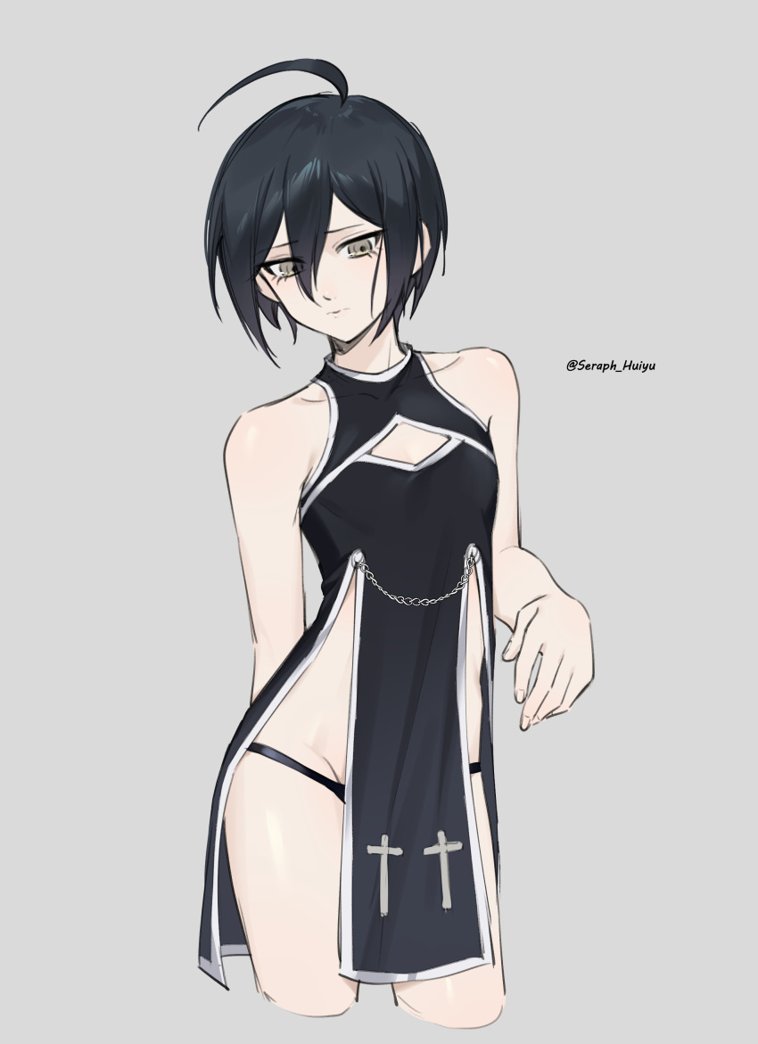 1boy absurdres ahoge alternate_costume artist_name bare_arms bare_shoulders black_dress black_hair black_panties brown_eyes cleavage_cutout clothing_cutout cropped_legs crossdressing danganronpa_(series) danganronpa_v3:_killing_harmony dress ewa_(seraphhuiyu) grey_background hand_up highres male_focus panties saihara_shuichi shiny_skin short_hair simple_background solo underwear