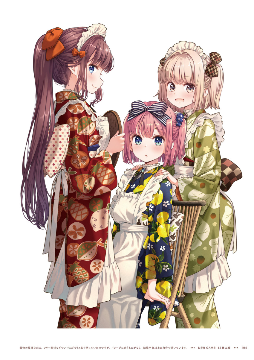 3girls :d apron black_ribbon blonde_hair blue_eyes bow brown_bow brown_hair checkered_bow checkered_clothes closed_mouth copyright_name floral_print green_kimono hairbow hands_on_another's_shoulder highres holding holding_plate iijima_yun japanese_clothes kimono long_hair long_sleeves looking_at_viewer maid_headdress medium_hair mochizuki_momiji multiple_girls neck_ribbon new_game! official_art open_mouth orange_bow page_number pink_hair plate ponytail print_kimono red_kimono ribbon side_ponytail smile standing striped striped_bow takimoto_hifumi tokunou_shoutarou very_long_hair white_apron yellow_eyes yukata