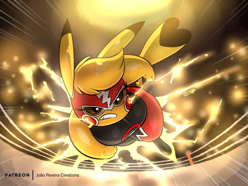 2021 3_toes 4:3 angry anthro anthrofied big_breasts breasts brown_eyes clothed clothing cosplay_pikachu_(character) cosplay_pikachu_(costume) dipstick_ears ear_markings electricity feet female fighting_ring fur generation_1_pokemon hi_res joaoppereiraus kanna_(joaoppereiraus) looking_at_viewer multicolored_ears nintendo no_sclera patreon patreon_logo pikachu pikachu_libre pokemon pokemon_(species) pokemorph solo toes yellow_body yellow_fur