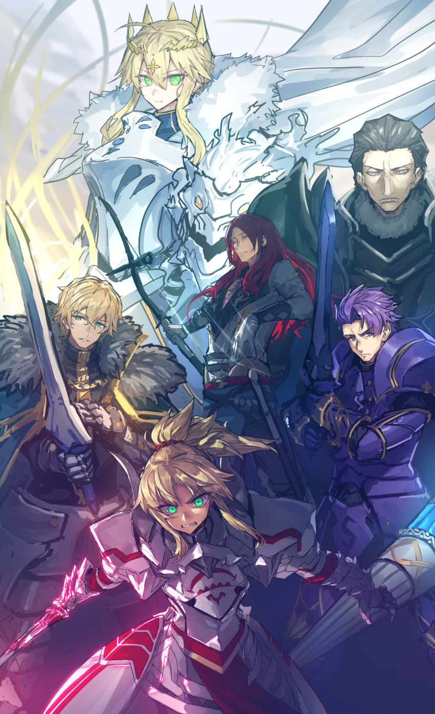 2girls 4boys agravain_(fate) armor artoria_pendragon_(fate) artoria_pendragon_(lancer)_(fate) black_hair blonde_hair bow_(weapon) braid cape crown fate/apocrypha fate/extra fate/grand_order fate_(series) french_braid fur-trimmed_cape fur_trim gawain_(fate) green_eyes helmet highres knight knights_of_the_round_table_(fate) lance lancelot_(fate/grand_order) long_hair melon22 mordred_(fate) mordred_(fate/apocrypha) multiple_boys multiple_girls polearm ponytail purple_eyes purple_hair red_hair rhongomyniad_(fate) serious short_hair sidelocks sword tristan_(fate) weapon yellow_eyes