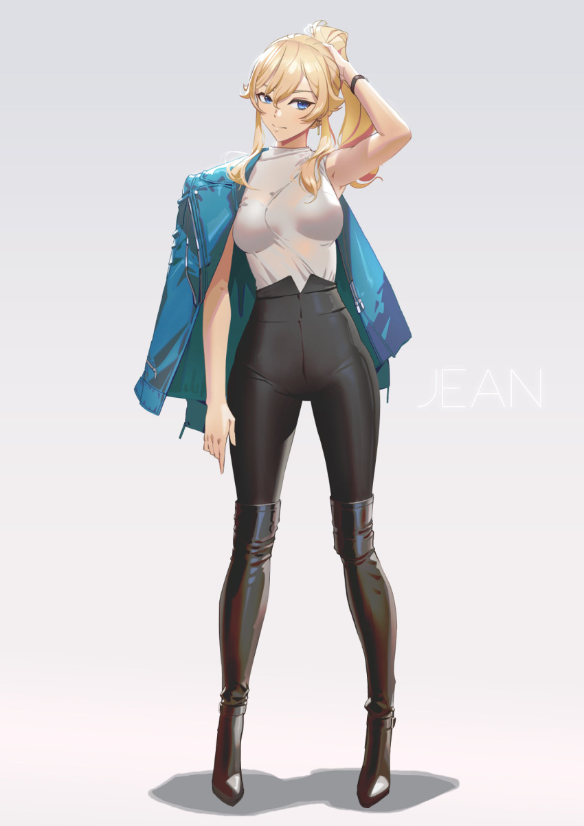 accessories alternate_costume black_footwear black_pants blonde_hair blue_eyes blue_jacket boots cross cross_earrings earrings english_commentary female genshin_impact gold_earrings hand_in_own_hair hand_on_own_head high-waist_pants high_heel_boots high_heels highres jacket jacket_on_shoulders jean_(genshin_impact) jewelry jojaow knee_boots leather leather_jacket long_hair mixed-language_commentary pants ponytail shadow shirt simple_background sleeveless standing tank_top text_background thai_commentary watch white_background white_shirt white_tank_top wristwatch