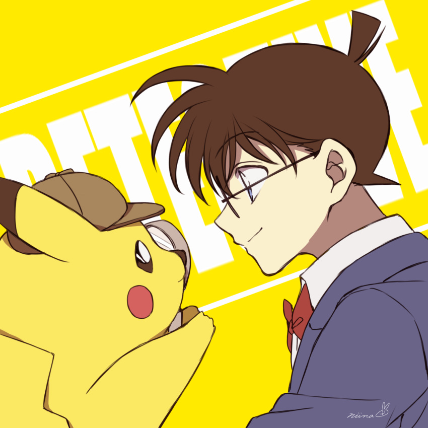 1boy black-framed_eyewear blazer blue_eyes blue_jacket bow bowtie brown_hair closed_mouth clothed_pokemon collared_shirt commentary crossover detective_pikachu detective_pikachu_(character) detective_pikachu_(movie) edogawa_conan english_text eye_contact from_side glasses grey_headwear hat highres holding holding_magnifying_glass jacket lolicon looking_at_another magnifying_glass male_focus meitantei_conan niina_1oo9 pikachu pokemon pokemon_(creature) profile red_bow red_bowtie shirt short_hair signature smile trait_connection upper_body white_shirt yellow_background