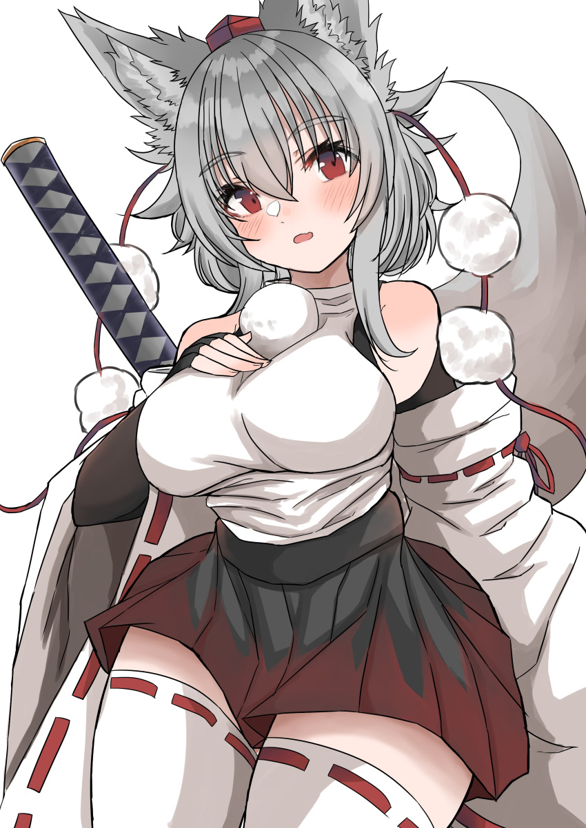 absurdres animal_ear_fluff animal_ears blush breasts commentary_request detached_sleeves female grey_hair hair_between_eyes hand_on_own_chest hat highres inubashiri_momiji katana large_breasts long_sleeves looking_at_viewer miniskirt oerba_yun_fang open_mouth over_shoulder red_eyes red_hat red_skirt regua ribbon-trimmed_sleeves ribbon_trim shirt short_hair sidelocks simple_background sitting skirt solo sword tail thighhighs tokin_hat touhou upper_body weapon weapon_over_shoulder white_background white_shirt white_sleeves white_thighhighs wolf_ears wolf_tail