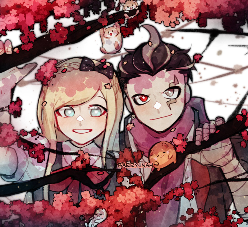 artist_name bandaged_arm bandages bangs barry_nah black_bow black_hair black_jacket blonde_hair blurry blurry_background bow braid cham-p commentary_request crown_braid danganronpa_(series) danganronpa_2:_goodbye_despair dress female flower grey_eyes grey_hair grin hair_flower hair_ornament hairbow hamster heterochromia highres jacket jum-p long_hair looking_at_viewer maga-g multicolored_hair pinafore_dress pink_flower pink_scarf puffy_short_sleeves puffy_sleeves red_eyes scarf short_hair short_sleeves smile sonia_nevermind sun-d tanaka_gandamu tree tree_branch upper_body