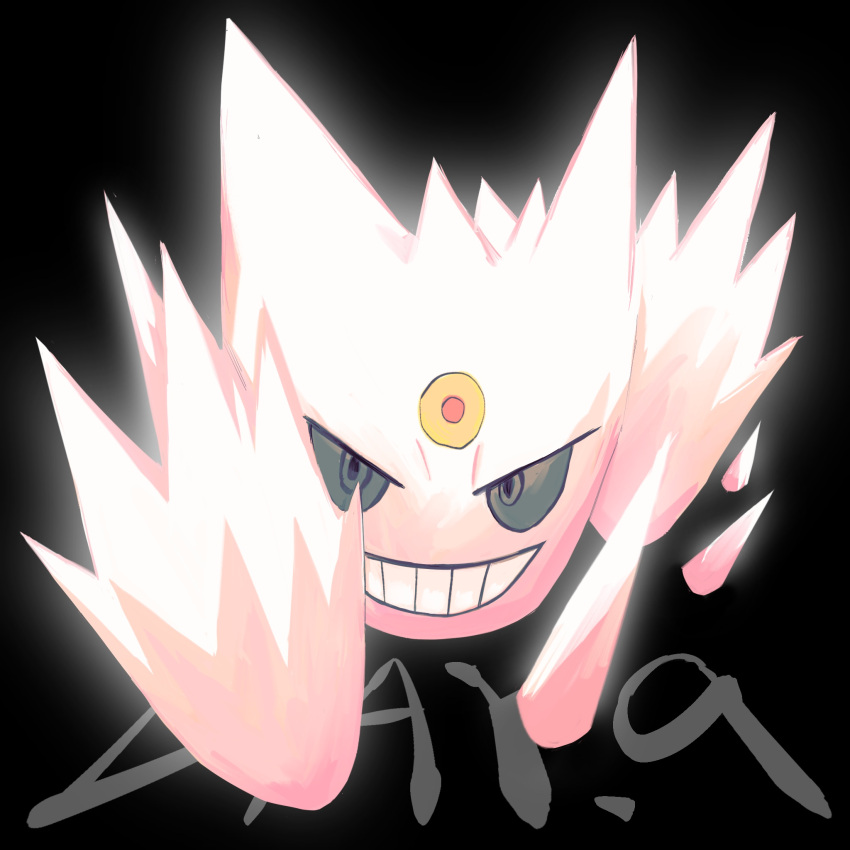 alternate_color animal_focus black_background black_eyes colored_sclera commentary english_commentary english_text forehead_jewel full_body gengar grey_sclera grin happy highres looking_at_viewer mega_gengar mega_pokemon no_humans pokemon pokemon_(creature) shiny_pokemon simple_background smile solo spikes teeth yug_(yu_g)