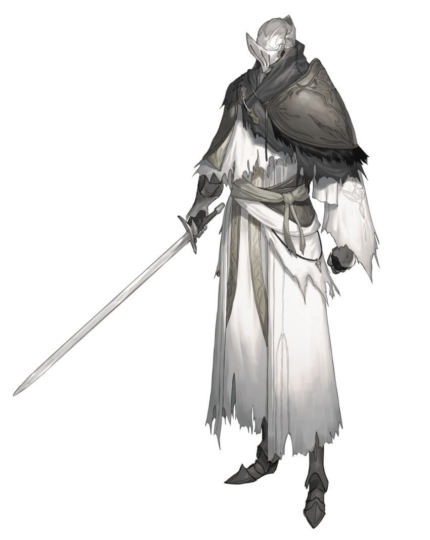 1other ambiguous_gender armor clenched_hands covered_face full_armor full_body gauntlets grey_sash helmet highres holding holding_sword holding_weapon km_yama original pauldrons rags robe sash shoulder_armor simple_background single_pauldron solo standing sword torn_clothes weapon white_background