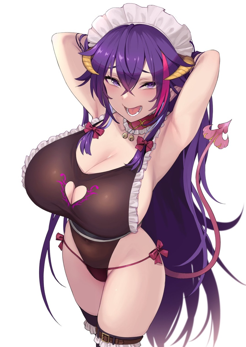 armpits arms_behind_head arms_up black_leotard blush breasts cleavage demon_girl demon_horns demon_tail female frills hand_in_own_hair hands_in_hair highleg highleg_leotard highres horns large_breasts leotard long_hair looking_at_viewer maid_headdress multicolored_hair open_mouth original pink_hair pointy_ears purple_eyes purple_hair sideboob smile solo streaked_hair tail thighs togari_akebi very_long_hair yuzuriha_(active_homing)