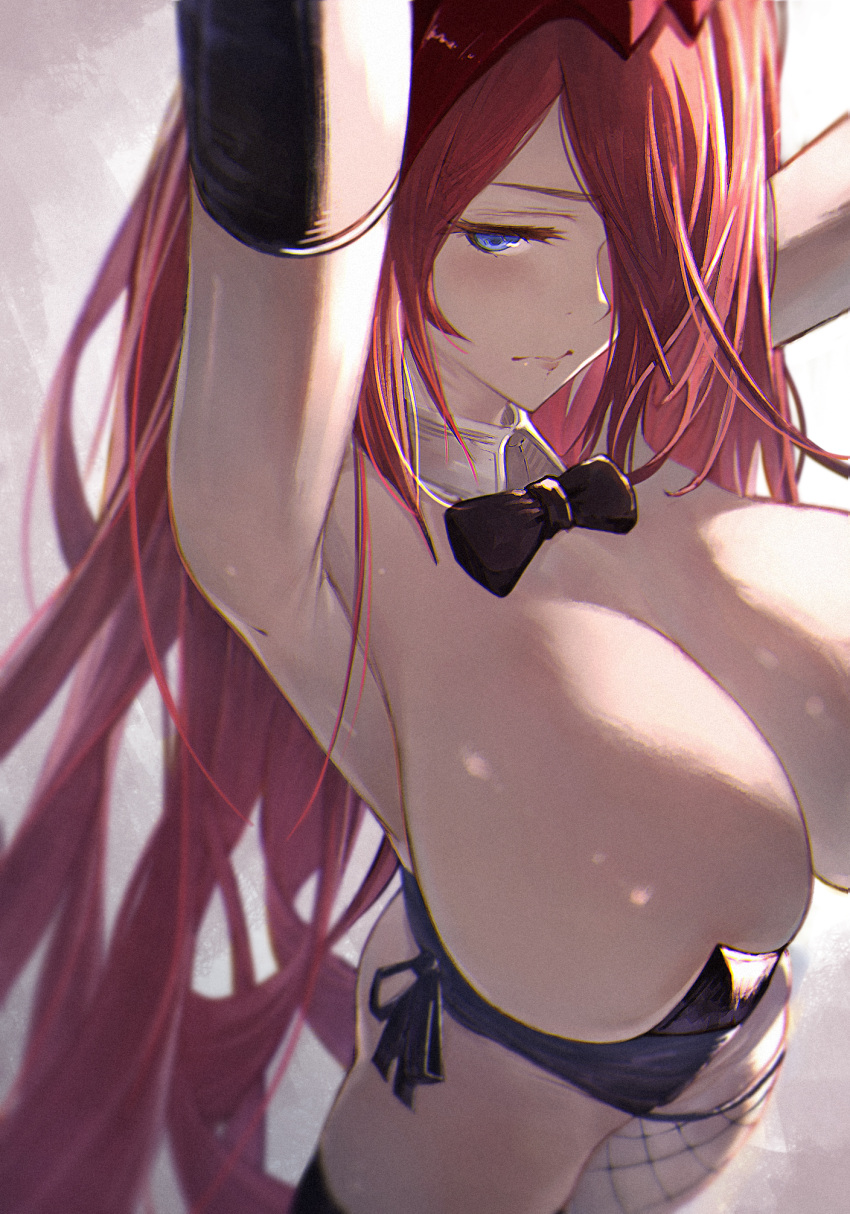 alternate_costume armpits arms_up black_bow black_bowtie black_gloves blue_eyes blurry bow bowtie breasts cleavage closed_mouth depth_of_field detached_collar elbow_gloves female fishnet_thighhighs fishnets gloves godsworn_alexiel granblue_fantasy highres large_breasts long_hair looking_at_viewer playboy_bunny presenting_armpit red_hair sideboob solo thighhighs very_long_hair yu_pian