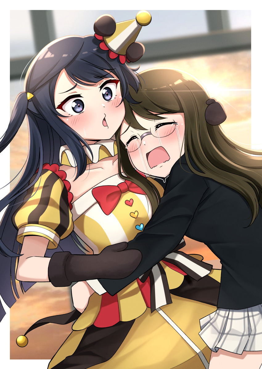 2girls absurdres black_eyes black_gloves black_hair black_jacket blurry blurry_background blush bow brown_hair checkered_clothes checkered_skirt closed_eyes collarbone commentary crying dress elbow_gloves glasses gloves grey_skirt hat heart highres hug infinity!_our_wings!! jacket long_hair love_live! love_live!_nijigasaki_high_school_idol_club multiple_girls neck_ruff nijigasaki_school_uniform nijigasaki_student_council_vice_president one_side_up open_mouth puffy_short_sleeves puffy_sleeves red_bow round_eyewear school_uniform short_sleeves sidelocks ska.harumi skirt sunset tears waist_bow winter_uniform yellow_dress yuki_setsuna_(love_live!)