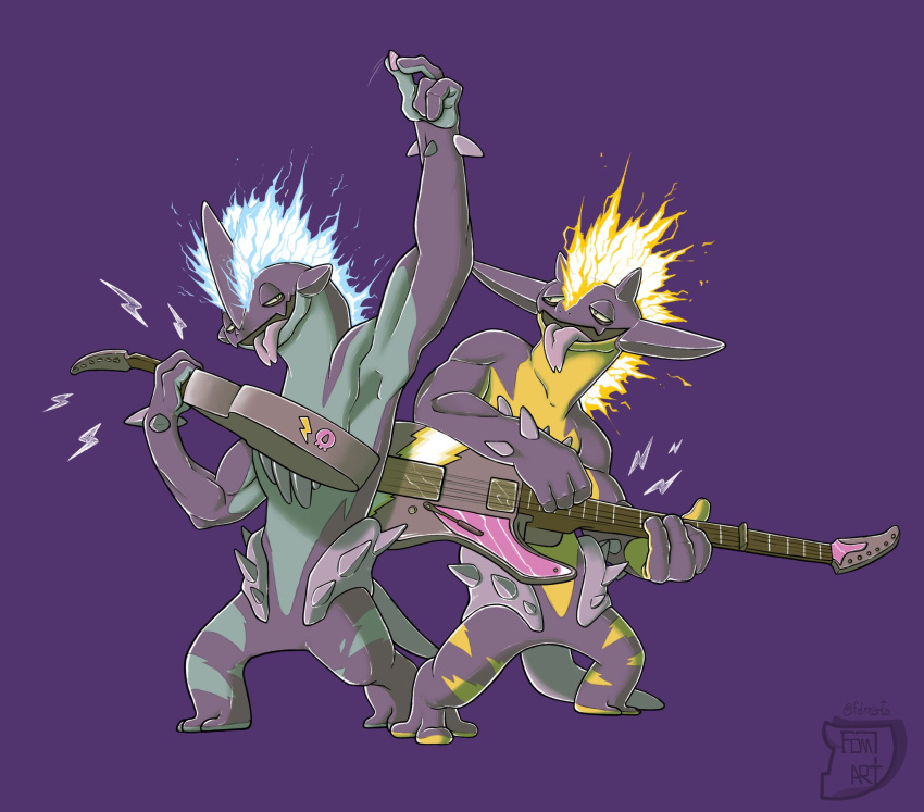 arm_up bad_id bad_twitter_id commentary english_commentary francesco_di_mauro furry highres holding holding_instrument holding_plectrum instrument music oerba_yun_fang open_mouth playing_instrument plectrum pokemon pokemon_(creature) purple_background simple_background skin_fang standing toes tongue tongue_out toxtricity toxtricity_(amped) toxtricity_(low_key) watermark