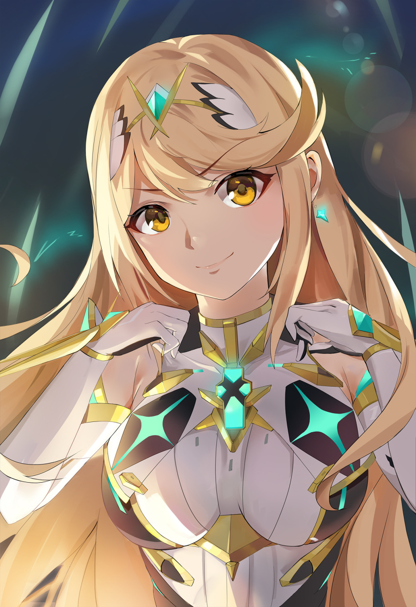 bare_shoulders blonde_hair breasts chest_jewel closed_mouth dress earrings elbow_gloves female gloves hands_up highres jewelry kiiro_kimi long_hair looking_at_viewer medium_breasts mythra_(massive_melee)_(xenoblade) mythra_(xenoblade) smile solo super_smash_bros. swept_bangs tiara upper_body white_dress white_gloves xenoblade_chronicles_(series) xenoblade_chronicles_2 yellow_eyes