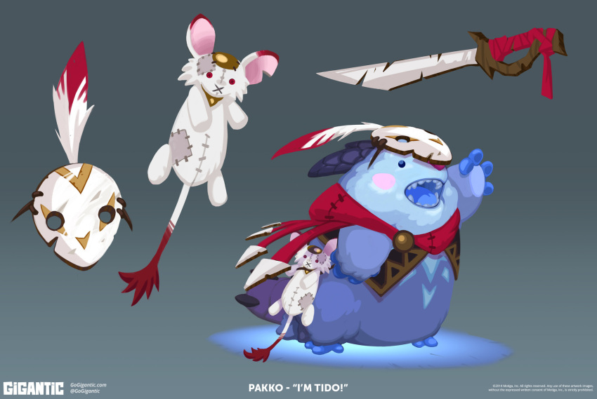 blue_body blue_eyes blue_fur blush clothed clothing doll english_text feathers fur gigantic hi_res horn male mammal mask melee_weapon pakko red_nose simple_background solo surgical_suture sword teeth text url weapon yeti