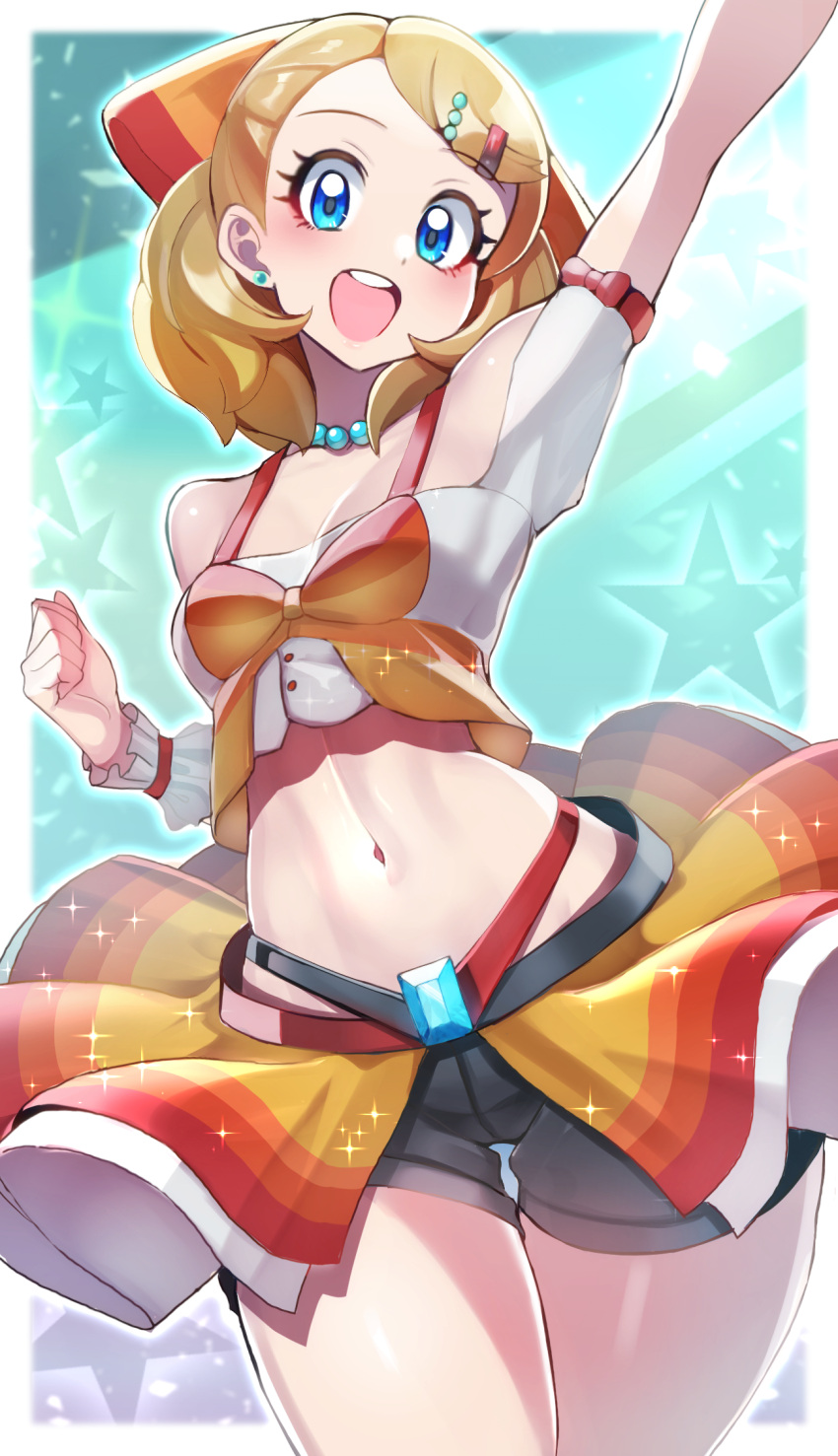 :d arm_up beads blonde_hair blue_eyes blush border breasts clenched_hand commentary_request eyelashes female hair_ornament hairclip happy highres looking_at_viewer medium_hair midriff navel open_mouth outside_border pokemon pokemon_(anime) pokemon_journeys serena_(pokemon) shiny_skin smile solo sparkle star_(symbol) swept_bangs teeth tongue upper_teeth_only white_border yasu_suupatenin