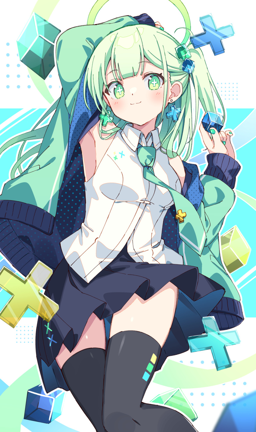 :3 arm_up armpits bare_shoulders black_skirt black_thighhighs blue_background blunt_bangs blush breasts closed_mouth collared_shirt commentary cross cross-shaped_pupils cross_earrings cube cube_hair_ornament dot_nose earrings female green_eyes green_hair green_halo green_jacket green_nails green_necktie hair_between_eyes hair_ornament halo hand_up highres holding_cube jacket jewelry long_hair long_sleeves looking_at_viewer md5_mismatch medium_breasts miniskirt multicolored_background nail_polish necktie off_shoulder one_side_up open_clothes open_jacket original pleated_skirt polka_dot polka_dot_background polka_dot_jacket shirt skirt sleeveless sleeveless_shirt smile solo symbol-only_commentary symbol-shaped_pupils thighhighs thighs two-sided_fabric two-sided_jacket white_background white_shirt x zettai_ryouiki zoirun