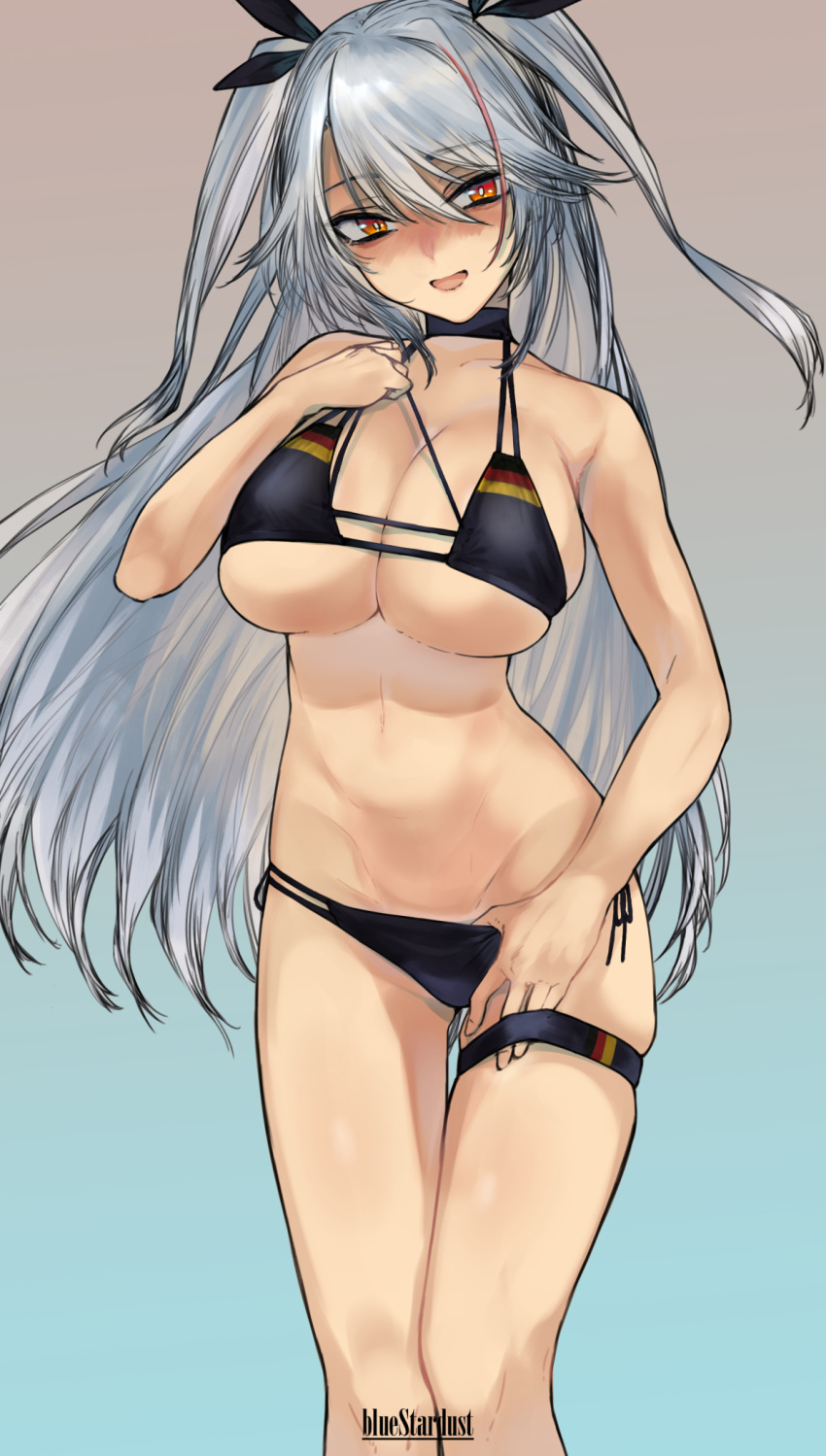 antenna_hair azur_lane bikini black_ribbon breasts cleavage commentary feet_out_of_frame female flag_print german_flag_bikini gradient_background grey_hair hair_ribbon highres kojima_(blue_stardust) large_breasts long_hair multicolored_hair navel official_alternate_costume orange_eyes prinz_eugen_(azur_lane) prinz_eugen_(unfading_smile)_(azur_lane) ribbon sideboob solo stomach streaked_hair swimsuit symbol-only_commentary two_side_up underboob