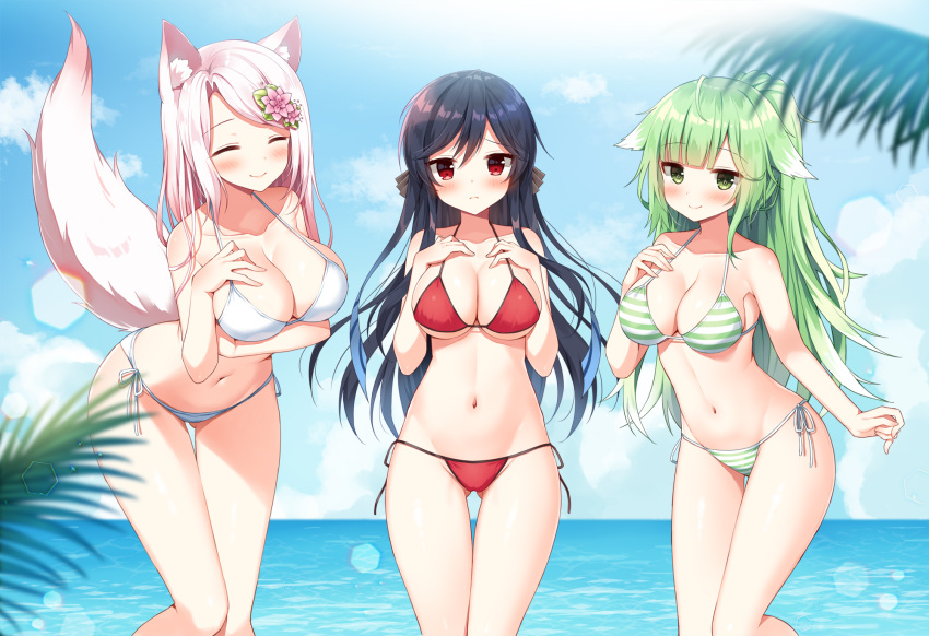 3girls animal_ears armpits ass_visible_through_thighs bare_arms bare_shoulders beach bikini black_hair blurry boku_no_kanojo_wa_ningyohime!? breasts character_request cleavage closed_eyes closed_mouth collarbone commission day depth_of_field floppy_ears fox_ears fox_girl fox_tail gradient_hair green_bikini green_eyes green_hair groin halterneck hands_on_own_chest hands_up highres kitsune_ga_boku_wo_matteiru koma_ion large_breasts leaning_forward long_hair looking_at_viewer mauve multicolored_hair multiple_girls nail_polish ocean outdoors palm_leaf pink_hair pixiv_commission ponytail red_bikini red_eyes side-tie_bikini_bottom smile standing stomach string_bikini striped_bikini striped_clothes sunlight swimsuit tail tail_raised talesshop thigh_gap thighs white_bikini yeonhwa_(kitsune_ga_boku_wo_matteiru)