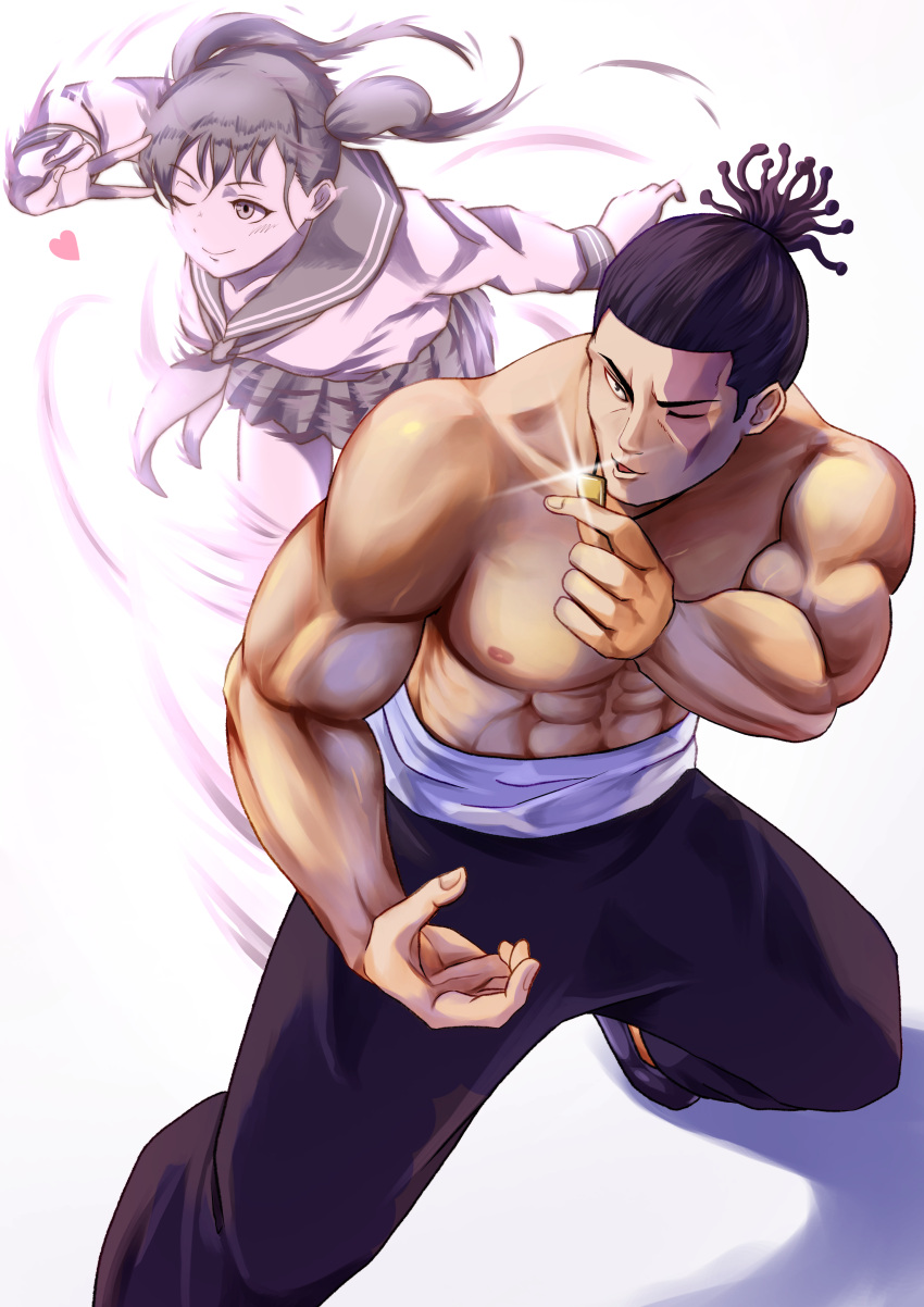 1boy abs absurdres biceps black_eyes black_hair black_pants closed_mouth female foot_out_of_frame hair_pulled_back heart highres holding holding_jewelry holding_necklace jewelry jujutsu_kaisen long_sleeves looking_away muscular muscular_male necklace one_eye_closed open_mouth painapo pants pectorals sailor sailor_collar scar scar_on_face short_hair short_ponytail simple_background skirt smile sparkle standing takada-chan topless_male toudou_aoi_(jujutsu_kaisen) twintails v white_background