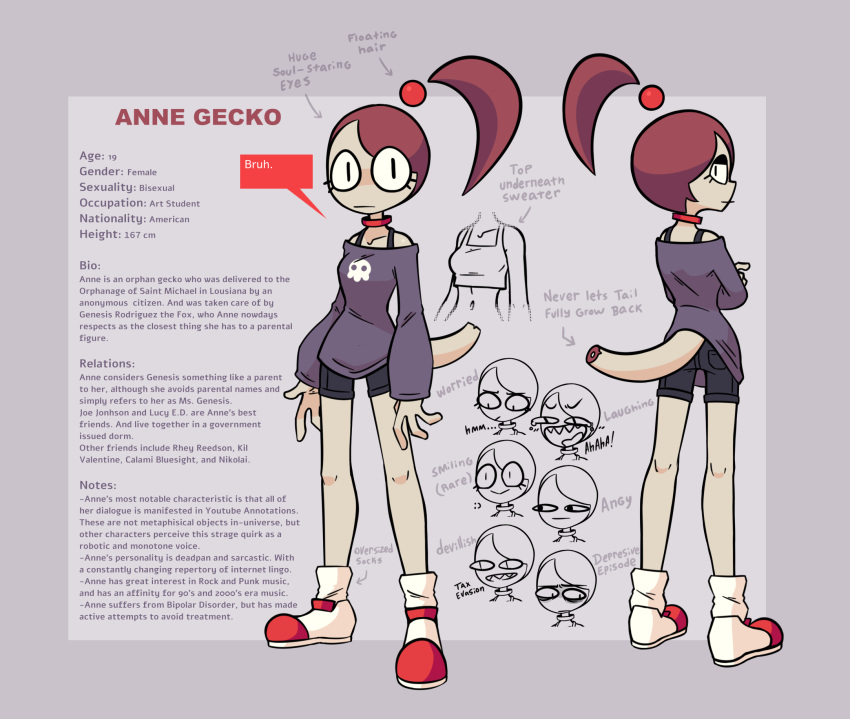 2021 anne_(nekuzx) anthro clothing docked_tail english_text female floating_hair gecko hair hi_res lizard model_sheet multiple_angles multiple_expressions nekuzx ponytail red_hair reptile scalie short_tail simple_background solo sweater tail text topwear