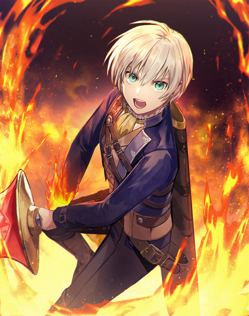 1boy ascot belt boots coat collar commentary_request fire highres holding holding_sword holding_weapon knee_boots male_focus open_mouth pants penguu_(green528) ruca_milda sheath shirt solo sword tales_of_(series) tales_of_innocence weapon white_hair yellow_ascot