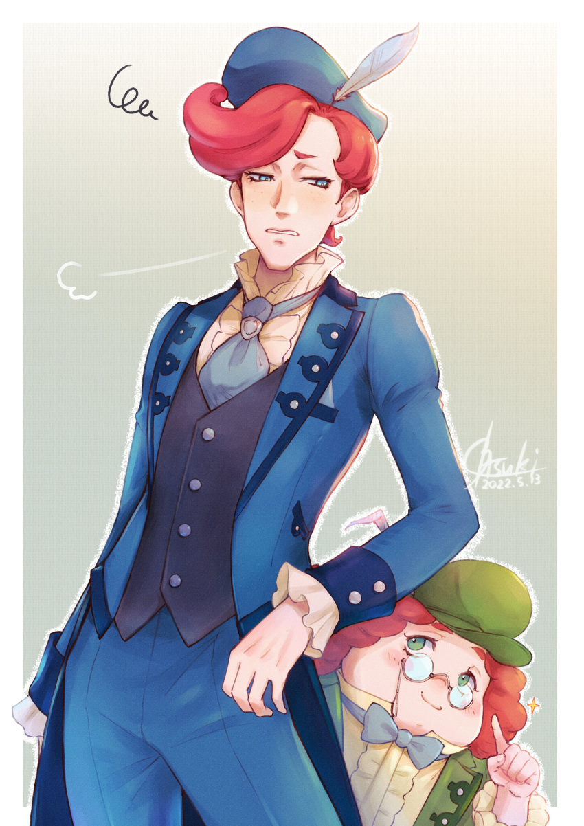 2boys =3 absurdres applebeniakari blue_eyes blue_headwear bow bowtie fabien_de_rousseau formal glasses green_eyes green_headwear gyakuten_saiban hat_feather height_difference highres index_finger_raised multiple_boys peppino_de_rossi red_hair sigh suit the_great_ace_attorney the_great_ace_attorney_2:_resolve tsuki_(xxsn3288)