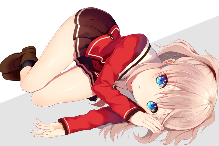 black_socks blonde_hair blue_eyes boots brown_footwear brown_skirt charlotte_(anime) closed_mouth collared_shirt commentary_request female hair_between_eyes hoshinoumi_academy_school_uniform kurotea long_hair long_sleeves looking_at_viewer lying miniskirt on_side pleated_skirt red_shirt sailor_collar sailor_shirt school_uniform shirt skirt socks solo thigh_gap tomori_nao twintails white_sailor_collar