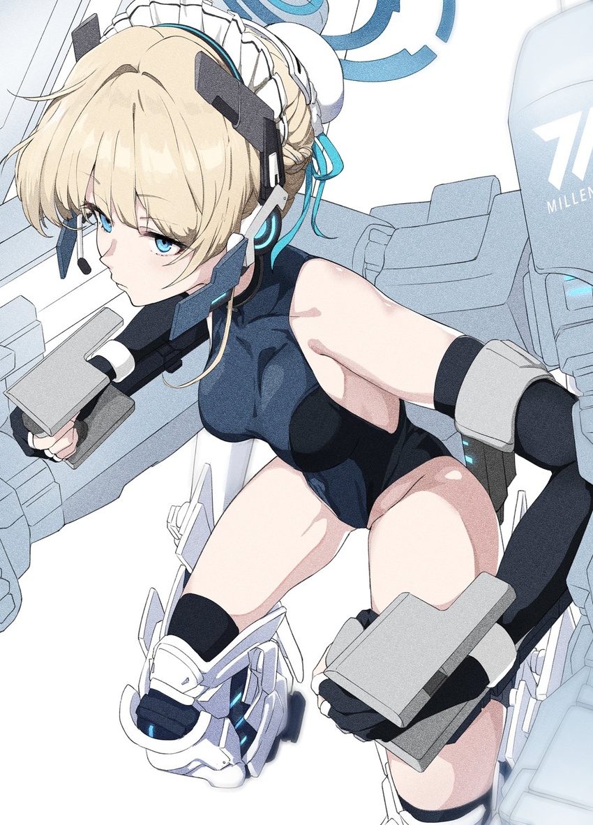 armor black_gloves black_thighhighs blonde_hair blue_archive blue_eyes blue_halo blue_leotard blue_ribbon breasts choppy_bangs commentary cropped_legs expressionless female fingerless_gloves gloves hair_bun halo headphones headset highleg highleg_leotard highres leotard maid_headdress mecha_musume osterei power_armor ribbon robot sidelocks solo thighhighs toki_(blue_archive) white_background