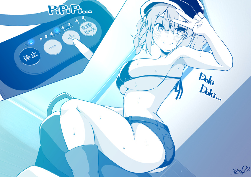 alternate_costume armpits bikini bikini_top_only blue_theme blush boots breasts closed_mouth commentary_request feet_out_of_frame female flat_cap hair_bobbles hair_ornament hat highres kagiyama_shachou kawashiro_nitori large_breasts looking_at_viewer medium_hair monochrome riding_machine rubber_boots short_shorts shorts sidelocks smile solo split_mouth sweat swimsuit touhou two_side_up v