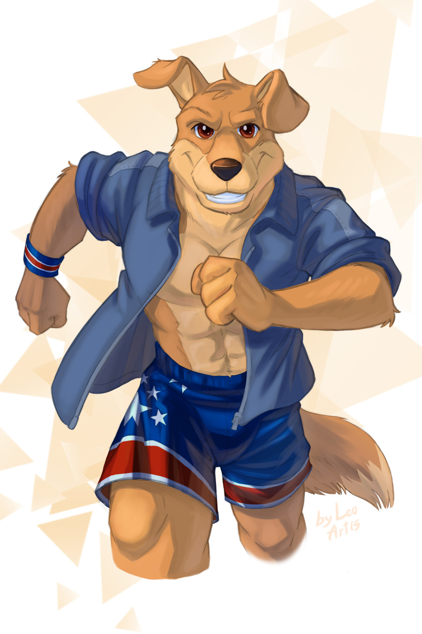 2022 absurd_res anthro bird_dog bottomwear canid canine canis clothing domestic_dog gradient_background hi_res hunter_(road_rovers) hunting_dog jacket labrador leo-artis looking_at_viewer male mammal muscular muscular_anthro retriever road_rovers running shorts simple_background smile solo teeth topwear triangle_(shape) white_background wristband