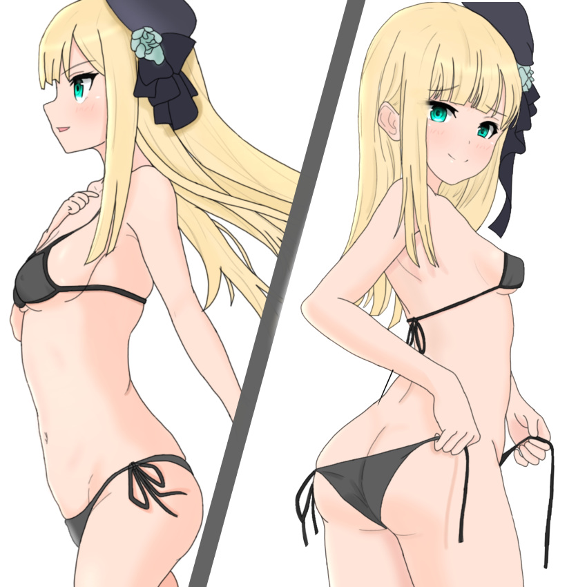 absurdres ass atsumisu bad_id bad_pixiv_id bare_arms bare_shoulders beret bikini black_bikini black_headwear black_ribbon blonde_hair blush breasts butt_crack closed_mouth commentary_request covered_nipples fate/grand_order fate_(series) female flower green_eyes green_flower groin hair_flower hair_ornament hat highres long_hair looking_at_viewer looking_back lord_el-melloi_ii_case_files multiple_views navel profile reines_el-melloi_archisorte ribbon side-tie_bikini_bottom small_breasts smile swimsuit tilted_headwear underboob untied_bikini white_background