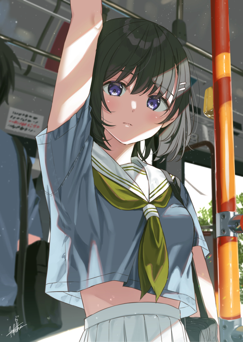 1boy arm_up bag black_hair blush bob_cut bus bus_interior commentary_request female from_below green_neckerchief grey_shirt grey_skirt hair_between_eyes hair_ornament hairclip highres kukiha looking_at_viewer looking_down midriff motor_vehicle neckerchief original pleated_skirt purple_eyes sailor_collar school_bag school_uniform serafuku shirt short_hair short_sleeves shoulder_bag signature skirt solo_focus uniform upper_body white_sailor_collar